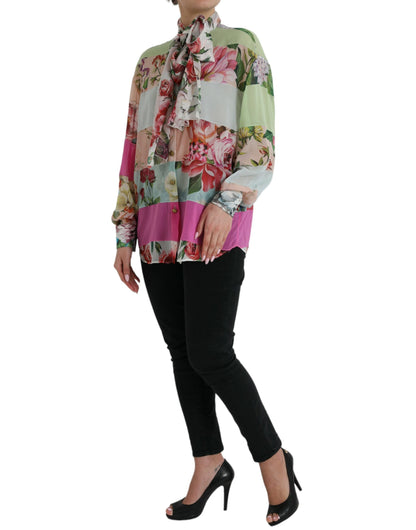 Dolce & Gabbana Multicolor Floral Patchwork Ascot Collar Top