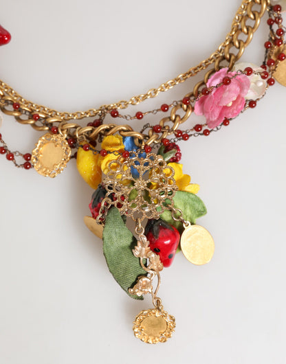 Dolce & Gabbana Estate Multicolor Floral Fruit Gold Chain Statement Necklace